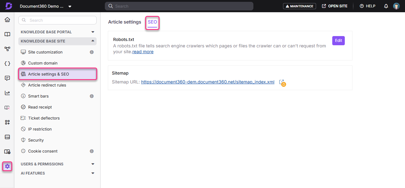 Settings page showing SEO options and sitemap URL for article management.