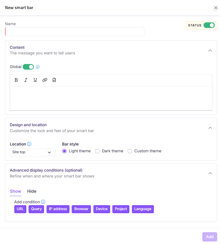 Settings for a new smart bar including content, design, and display conditions.