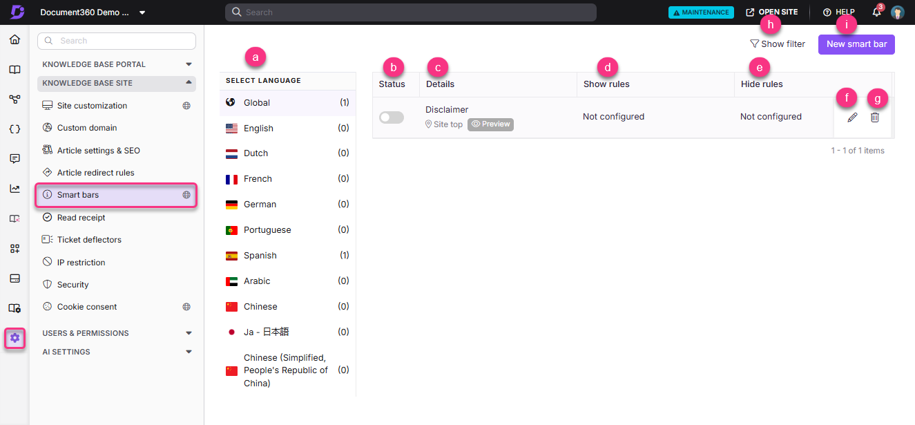 Document360 interface showing smart bars settings and language selection options.