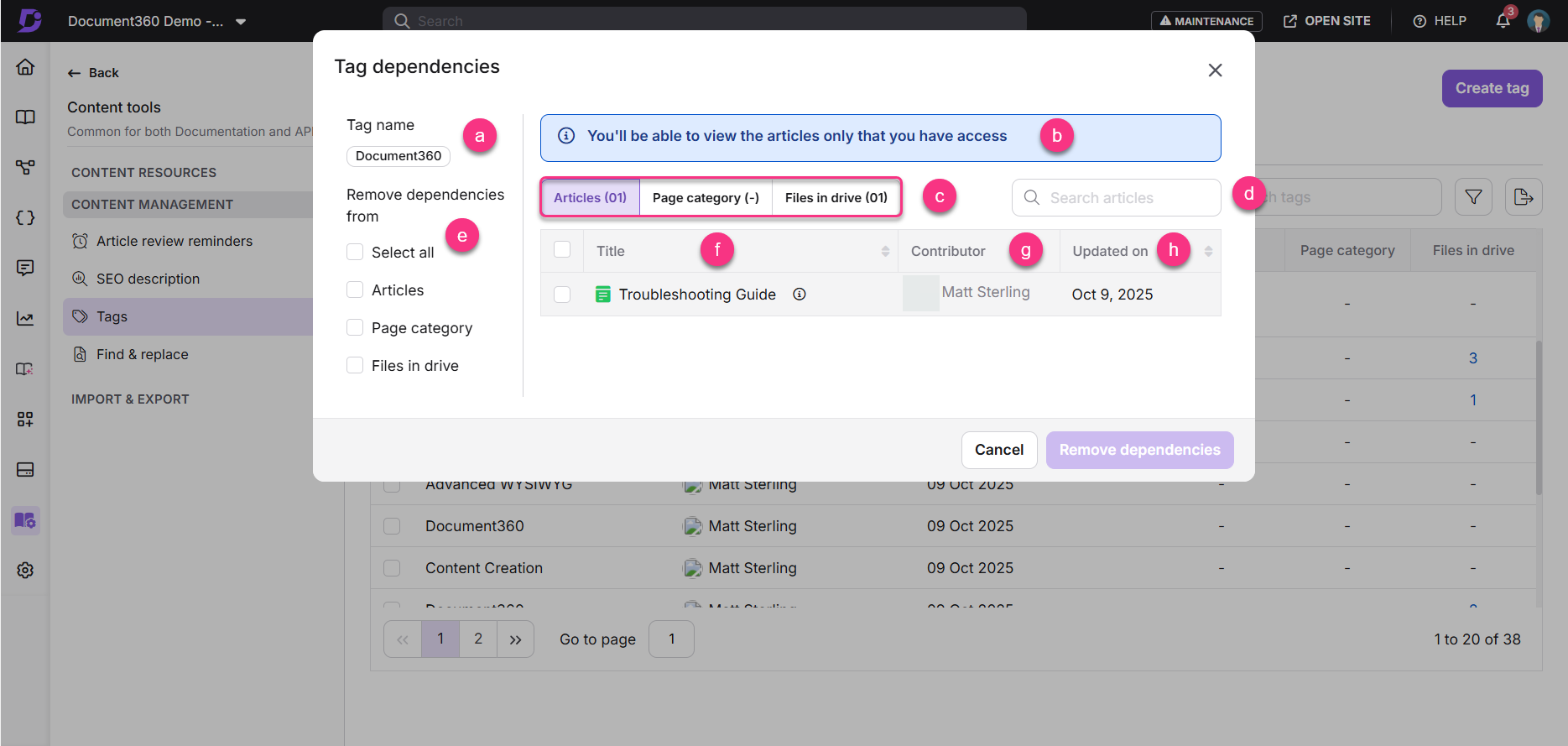 Document360 tag management interface showing article dependencies and contributor details.