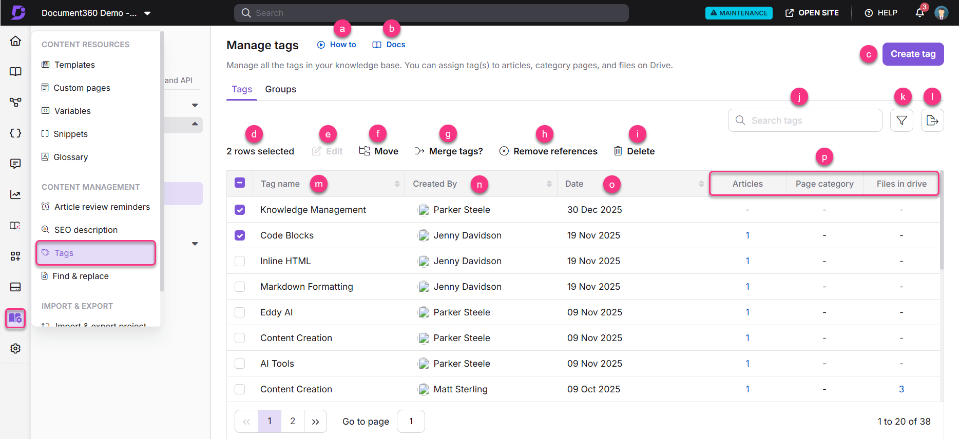 Manage tags interface displaying various tag options and their details for articles.