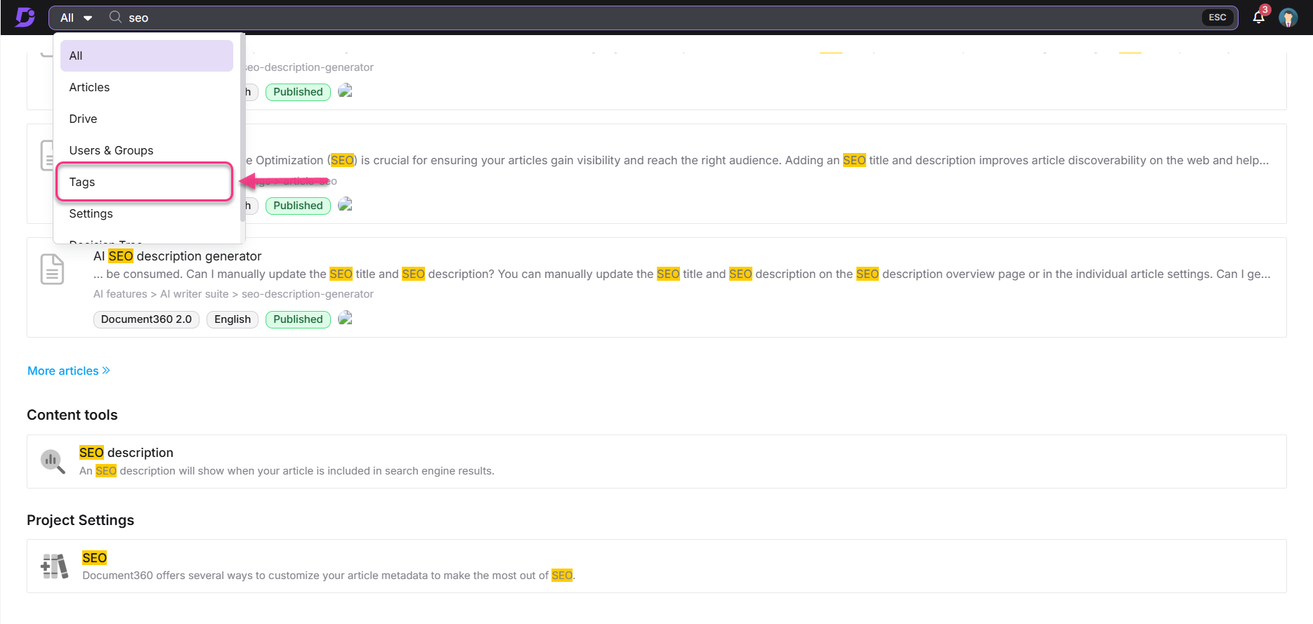 Overview of SEO settings and description generator features in a content management system.