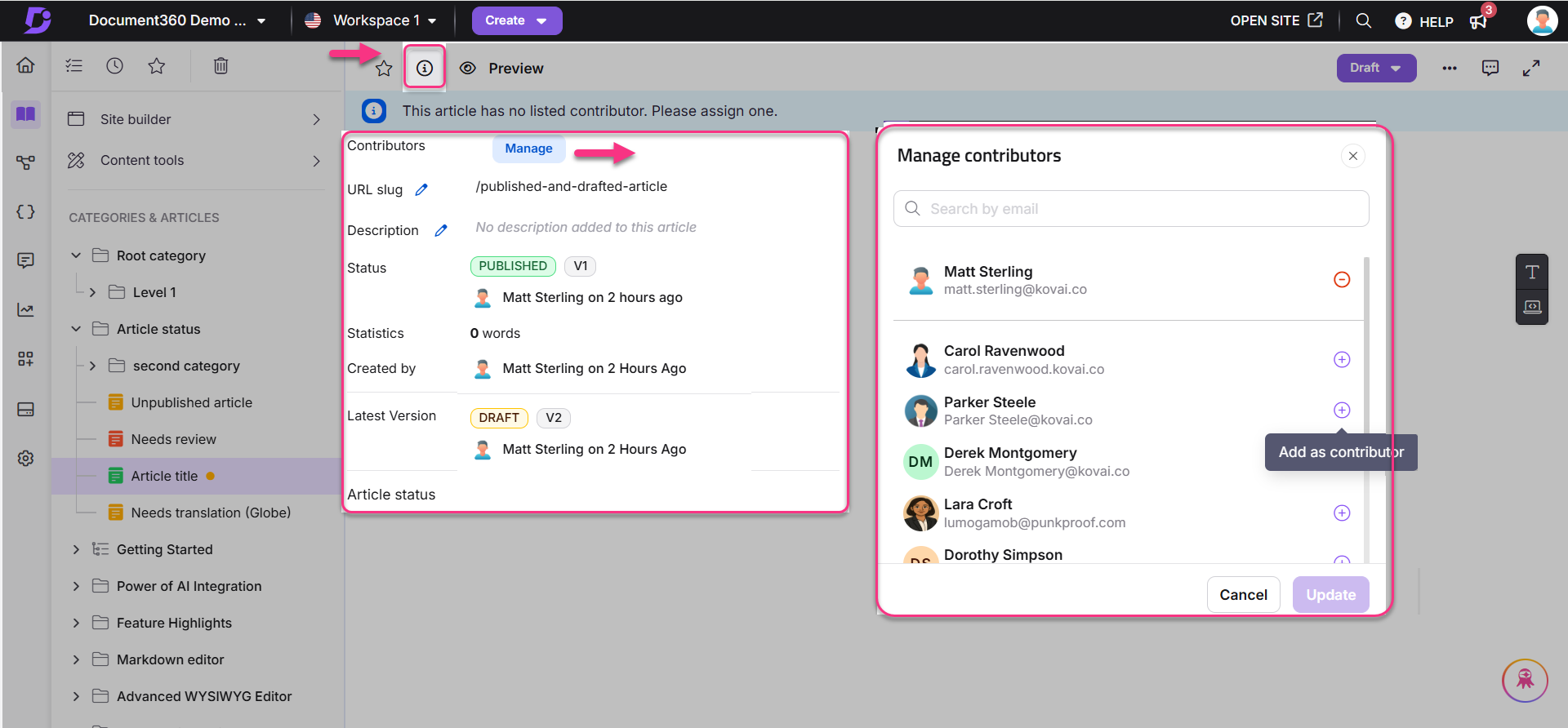 Manage contributors section showing article status and contributor details in Document360.