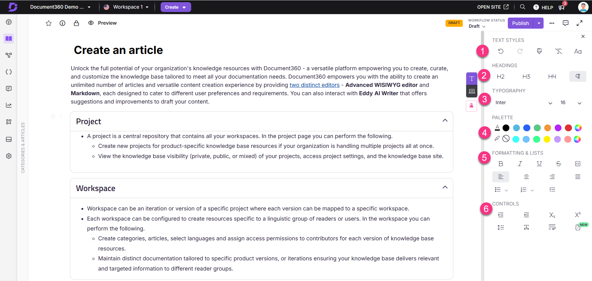 Document360 interface showcasing the tools of the Advanced WYSIWYG editor