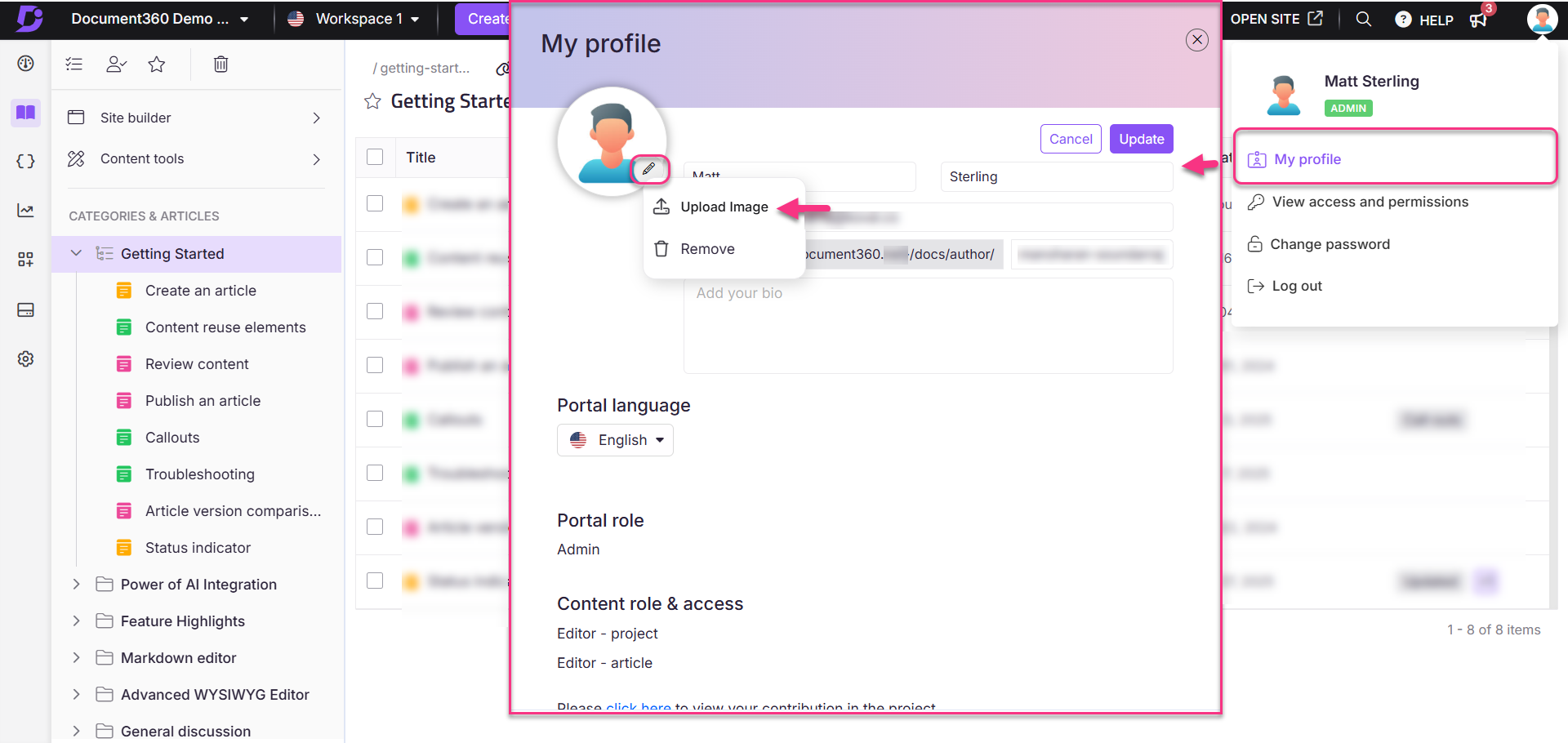 User profile settings with options to upload an image and update personal information.