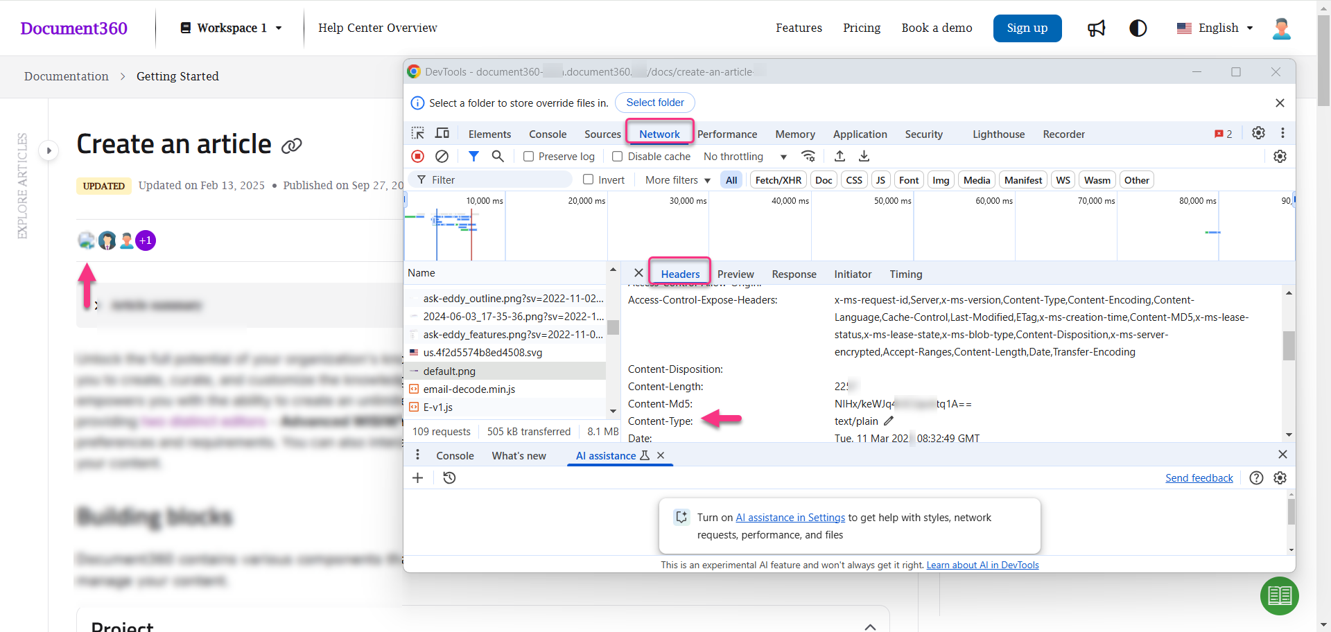 Network tab in DevTools showing headers and content type for a document.