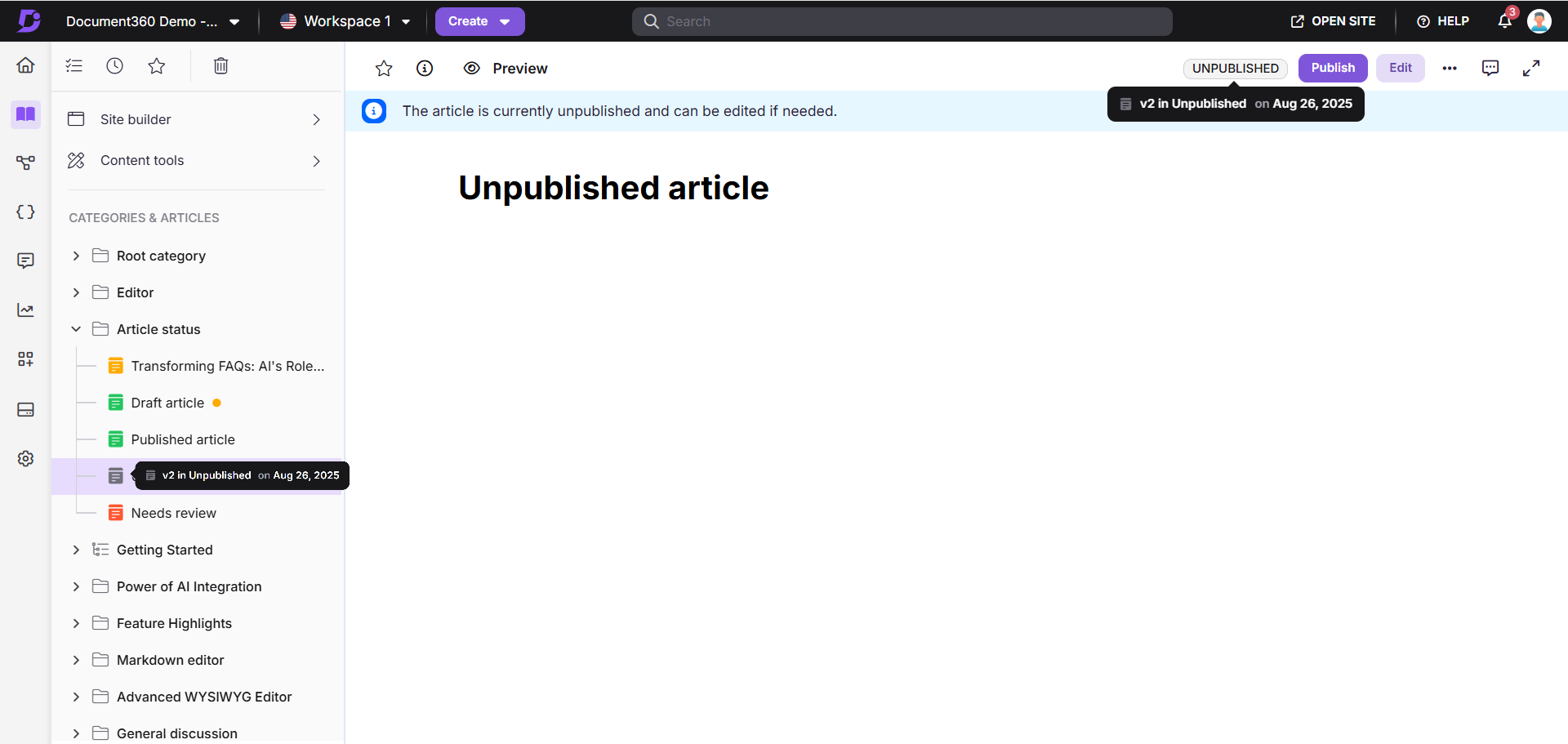 Document editing interface showing an unpublished article with editing options available.