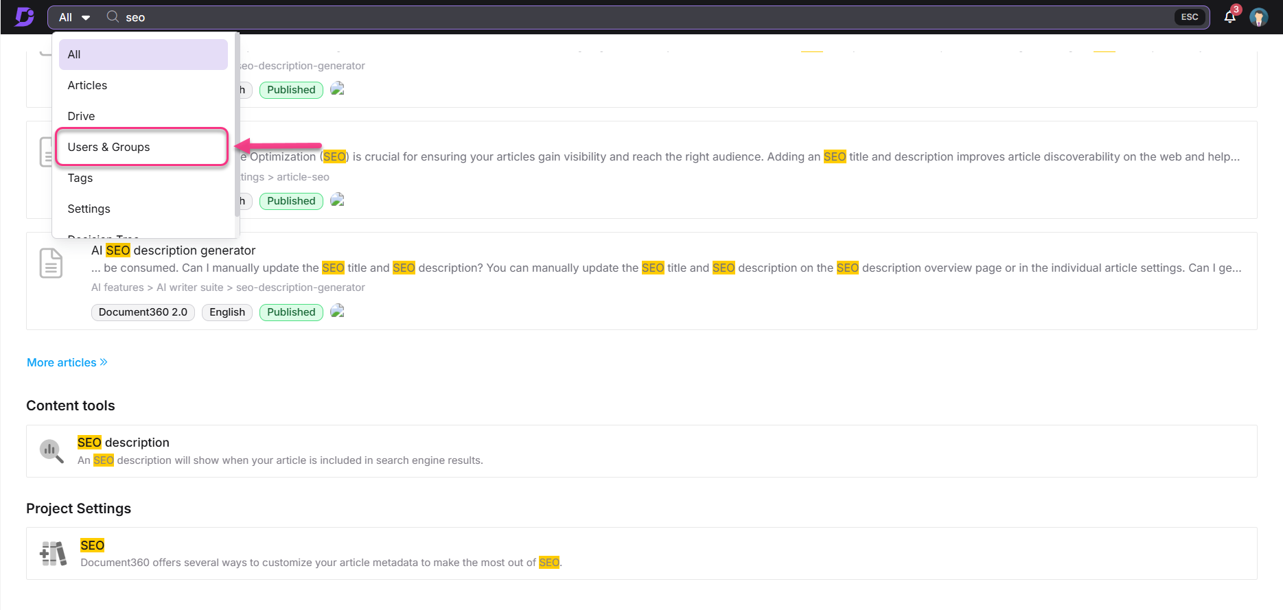 The interface displays SEO settings, highlighting Users & Groups and SEO description options.