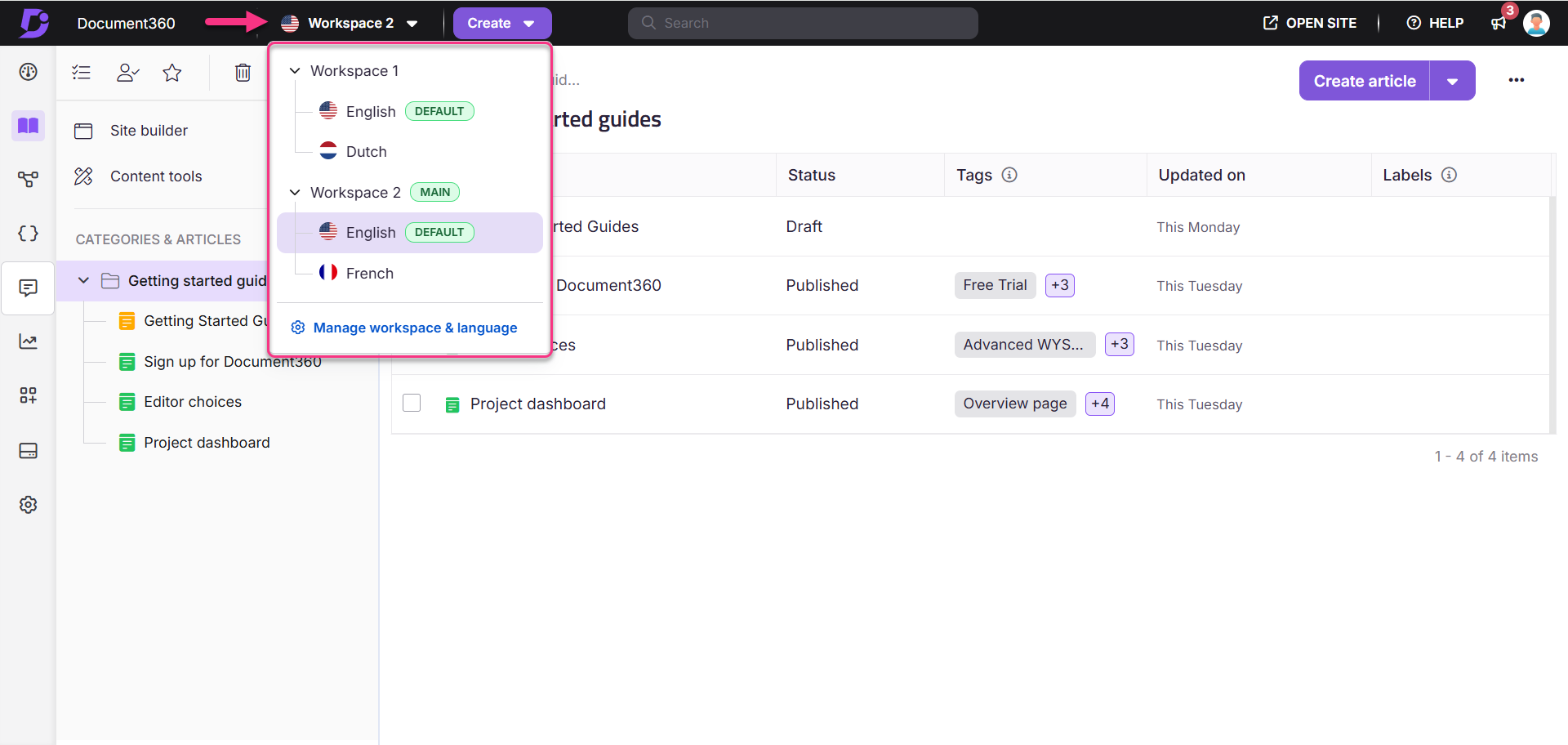 Document360 interface showing workspaces, languages, and article management options.