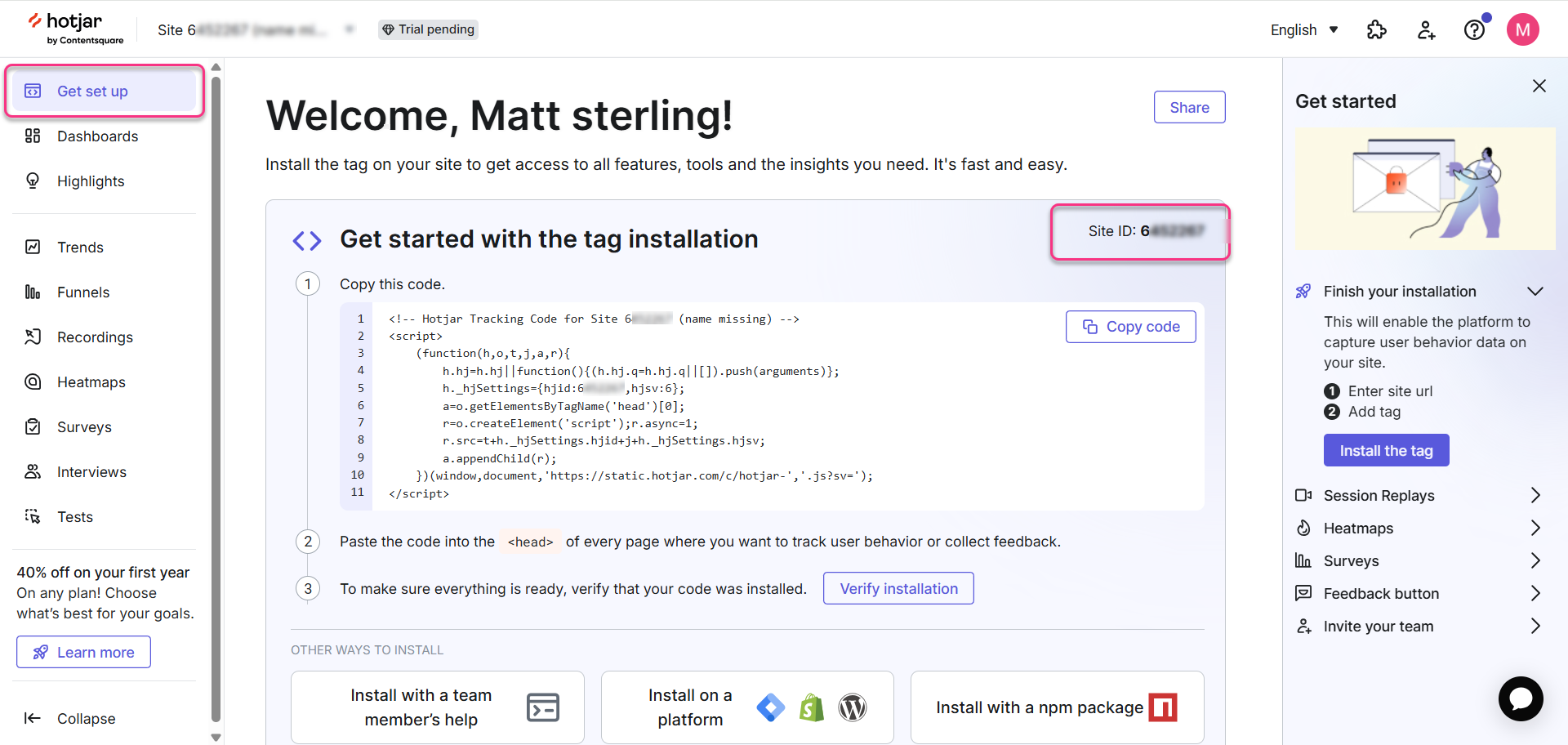Instructions for obtaining the Hotjar site ID on a website for user behavior analysis.