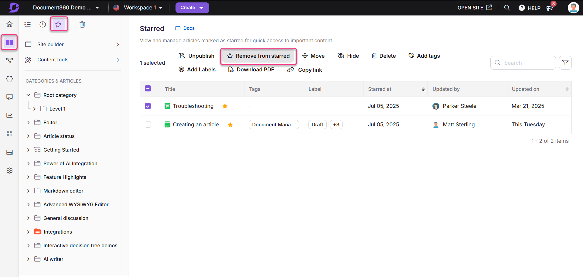 Document360 interface showing starred articles and options for managing content.