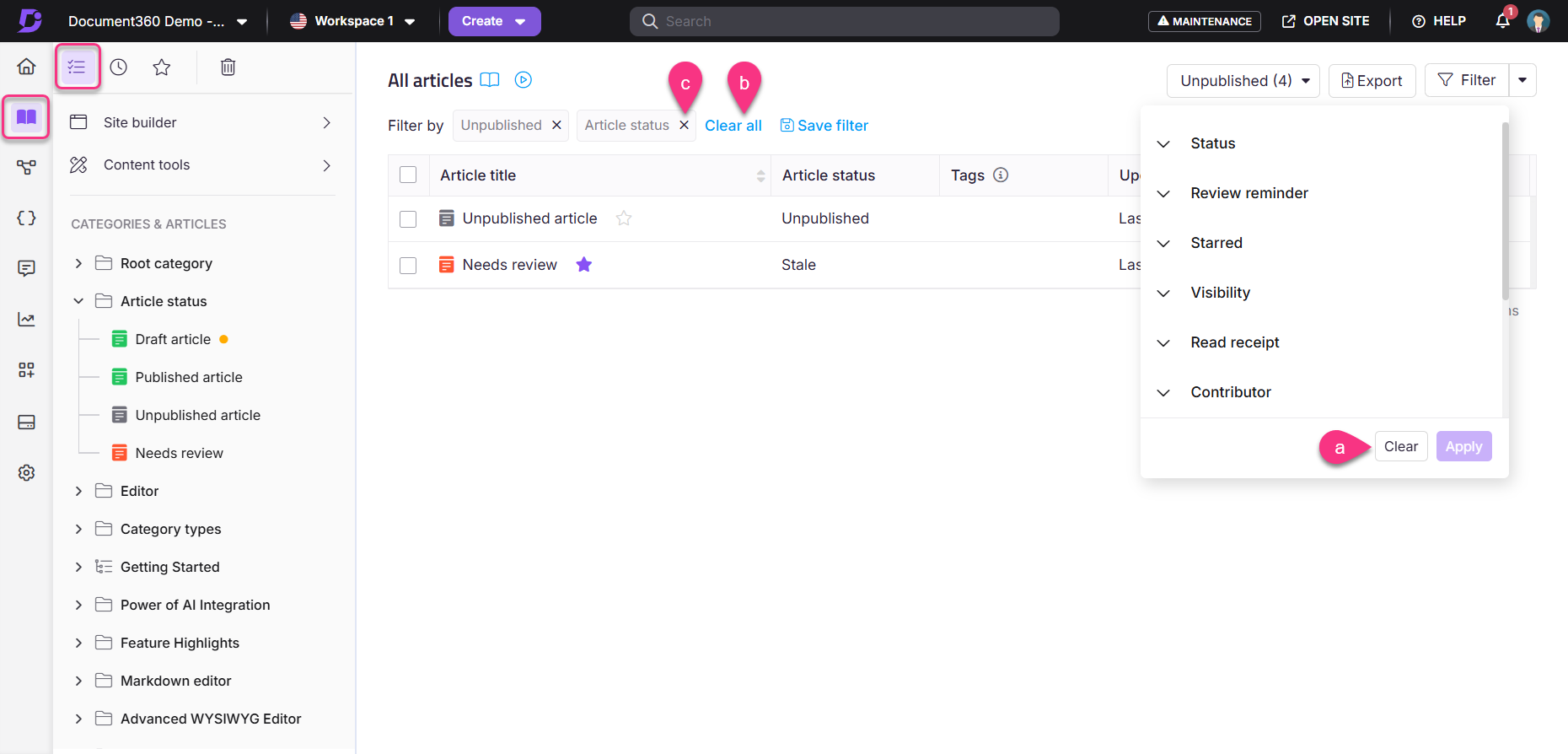 Overview of article statuses with filtering options and article list displayed.