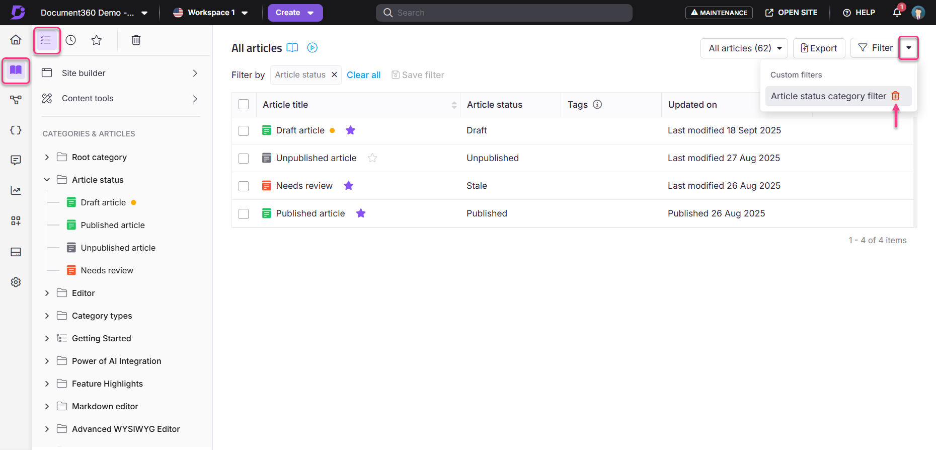 Overview of article statuses including draft, published, and needs review categories.