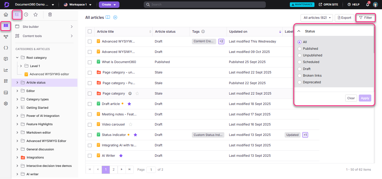 Document360 interface displaying article statuses and filtering options for content management.