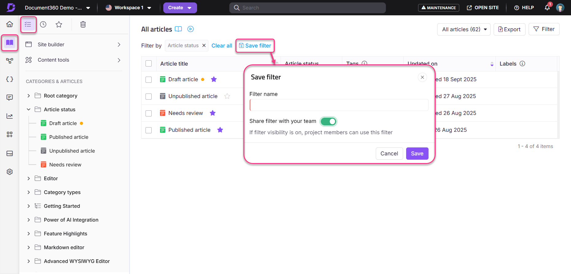 User interface showing options to save a filter for article status management.
