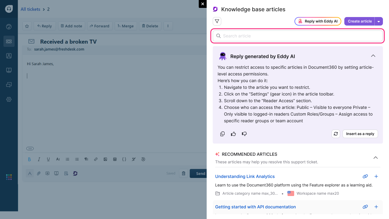 Instructions for restricting article access in Document360 with highlighted steps.