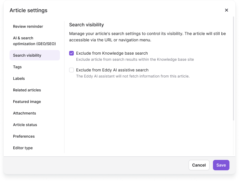 Search visibility tab in the Article settings panel showing exclusion options