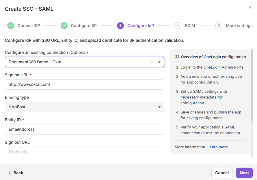 Dropdown to select an existing SSO connection during SSO configuration setup.
