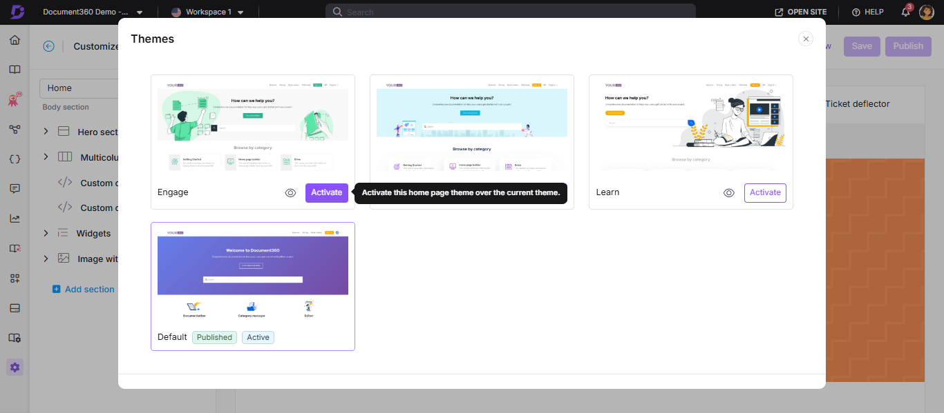 Themes panel showing Activate and publishing buttons for home page theme selection