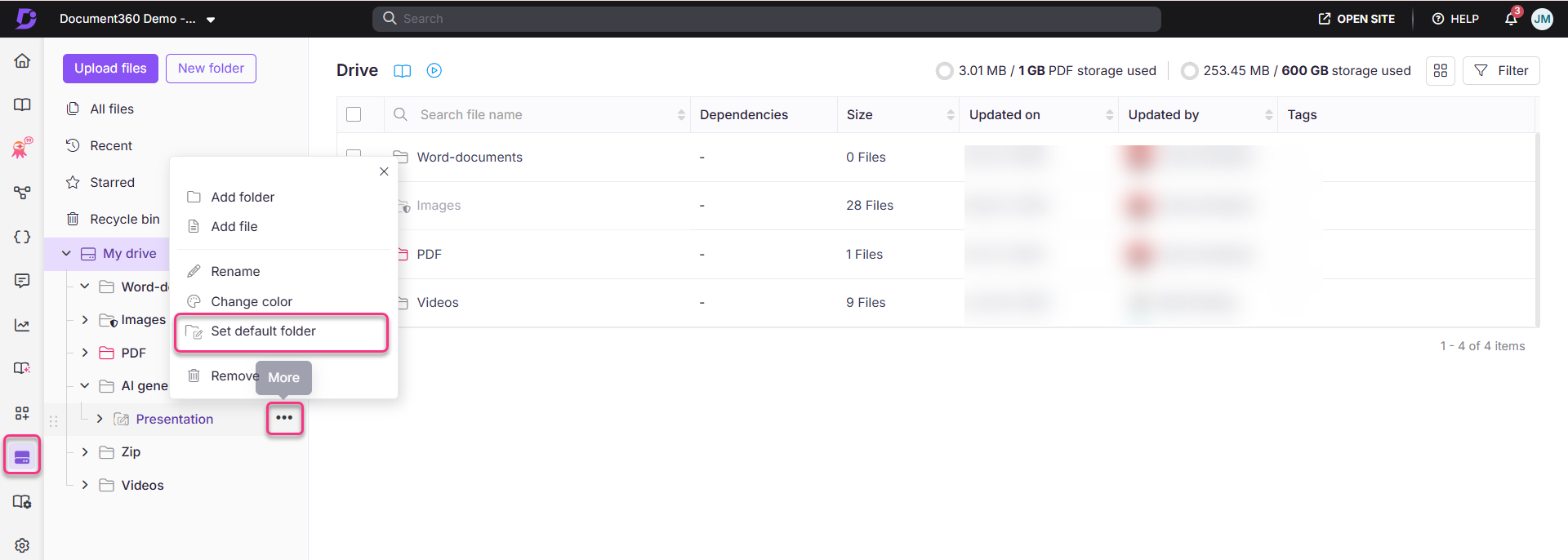 Menu options in Document360 showing folder management and file organization features.