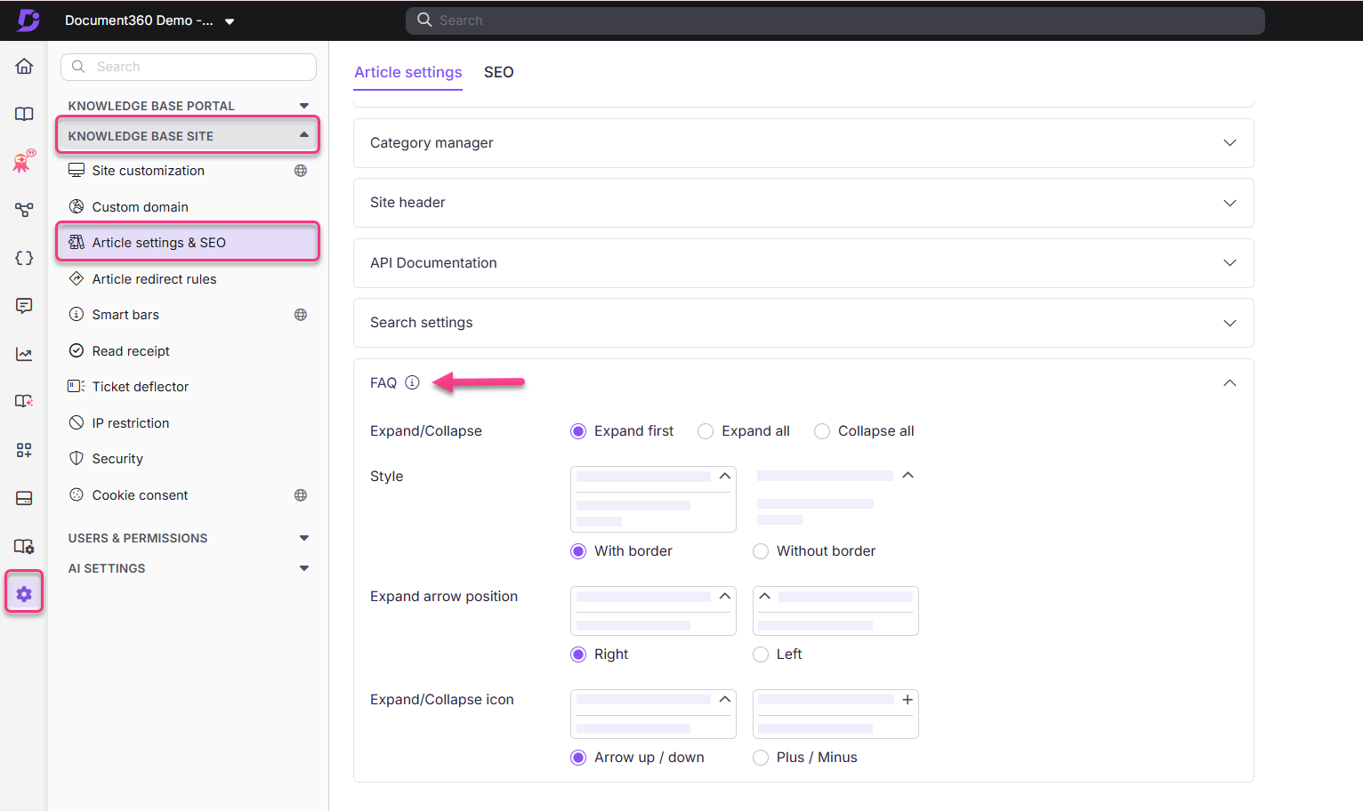 Settings menu showing article settings, SEO options, and FAQ section with expand/collapse features.