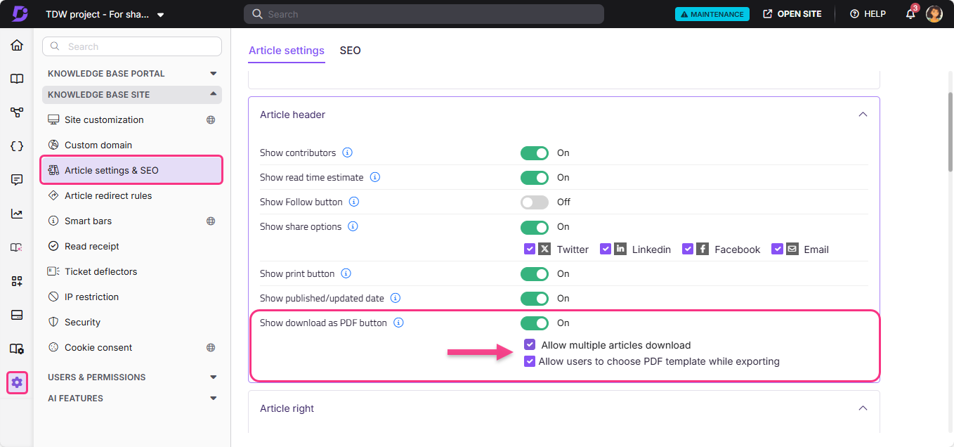 Settings for article downloads and SEO options in a knowledge base portal interface.