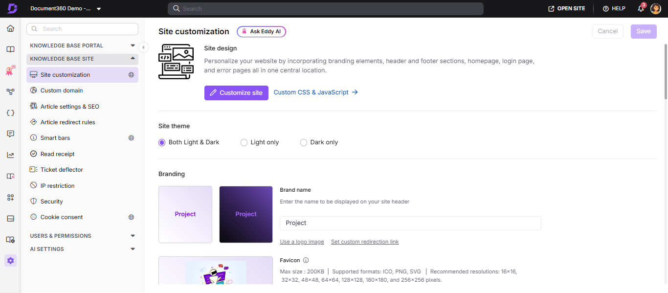 Site customization page showing the Customize site button