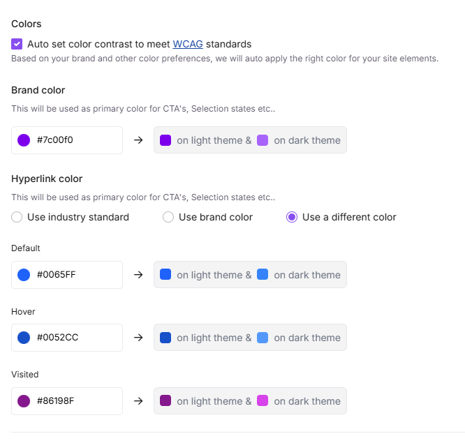 Color settings for brand and hyperlink customization in a web design interface.