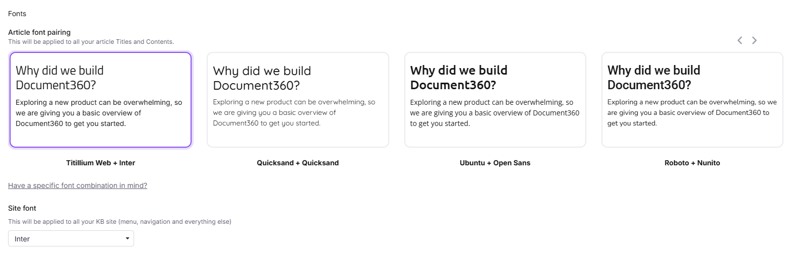 Overview of Document360 with various font pairings for article titles and content.