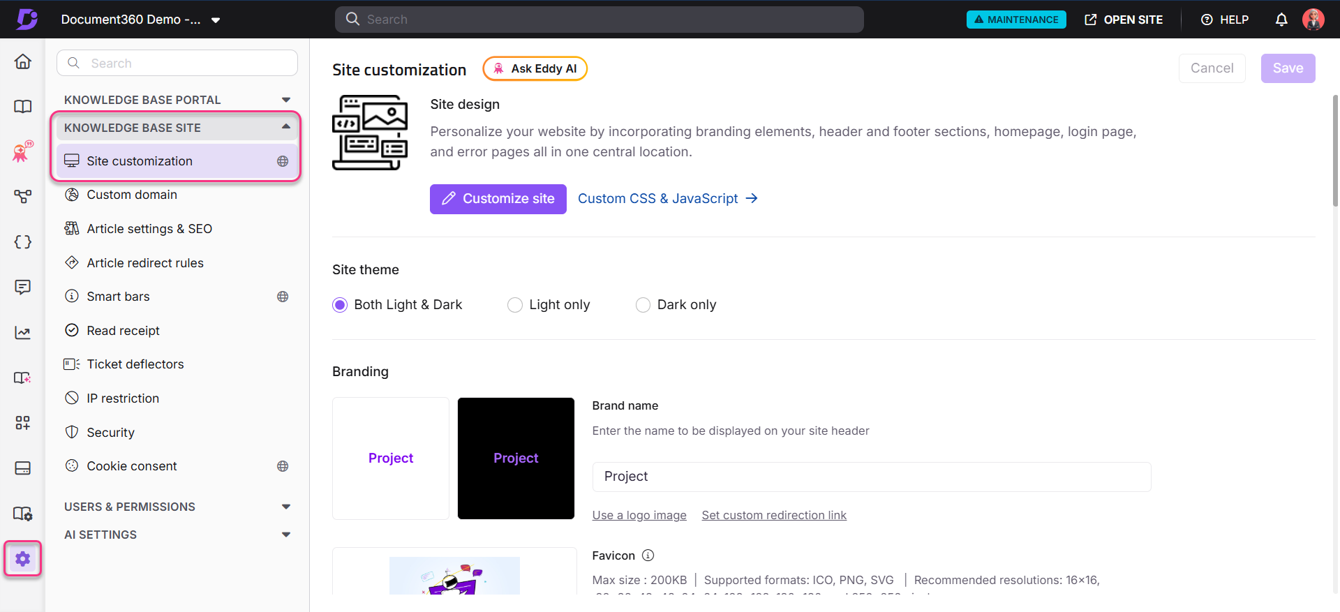 Site customization options for branding, theme selection, and favicon settings displayed on the interface.