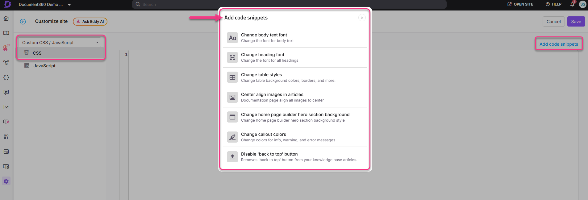 Interface for adding code snippets in CSS and JavaScript with various customization options.
