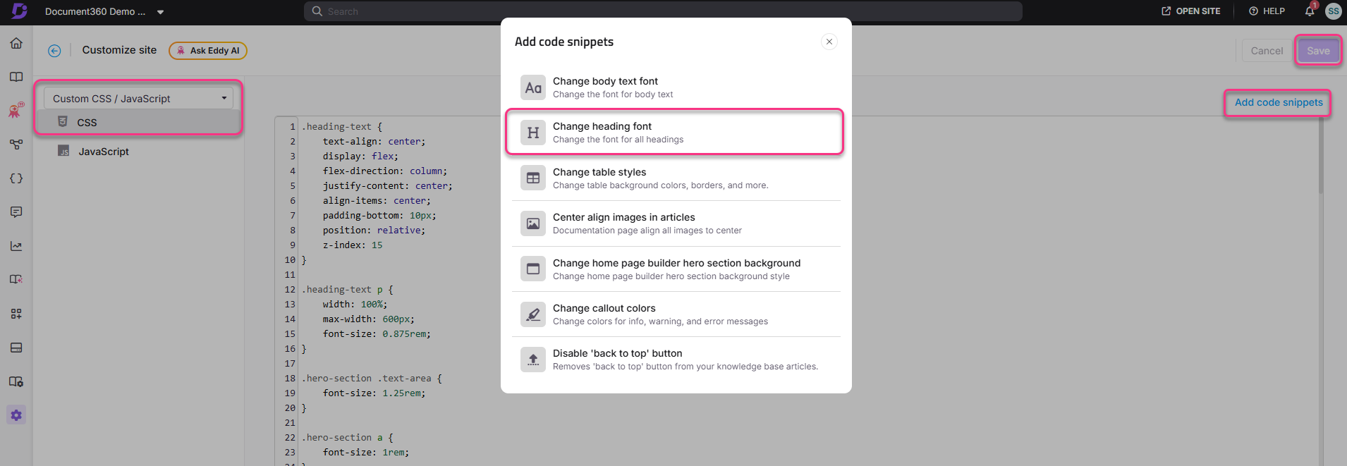 Interface showing options to customize CSS and JavaScript for a website.
