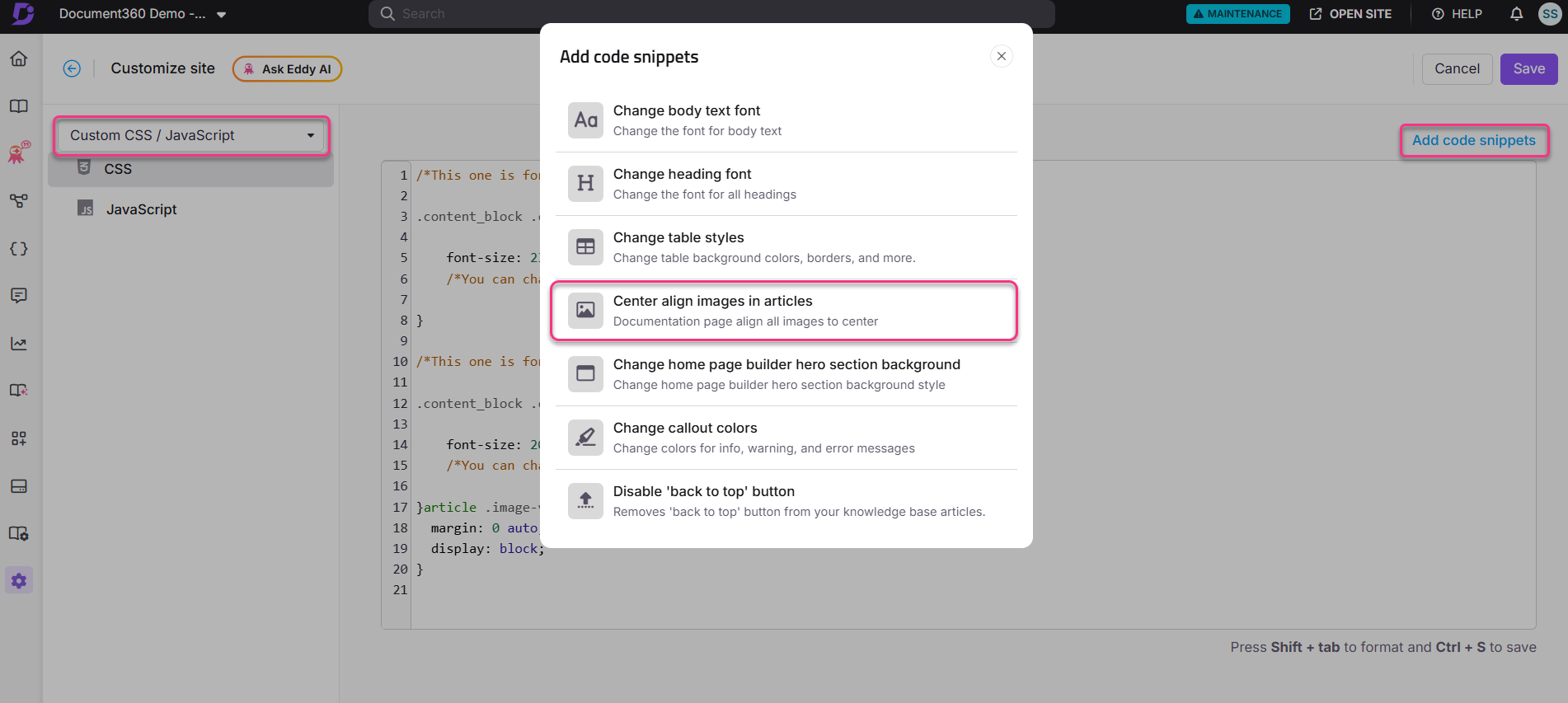Instructions for adding code snippets in Document360's customization settings interface.