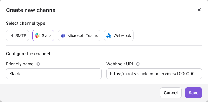 Document360 Slack channel configuration panel showing the Friendly name and Webhook URL fields.
