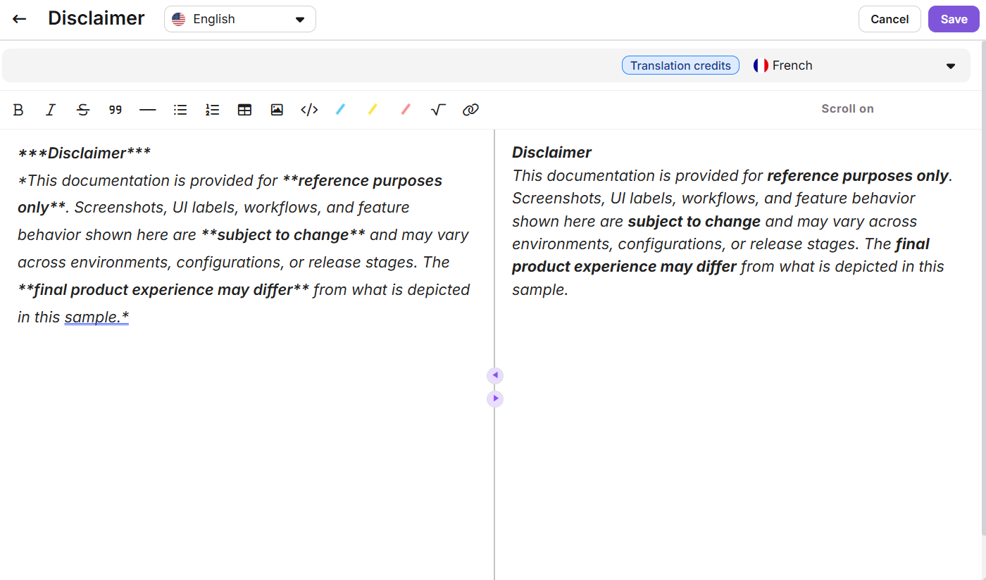 Disclaimer about documentation, indicating reference purposes and potential changes in product experience.