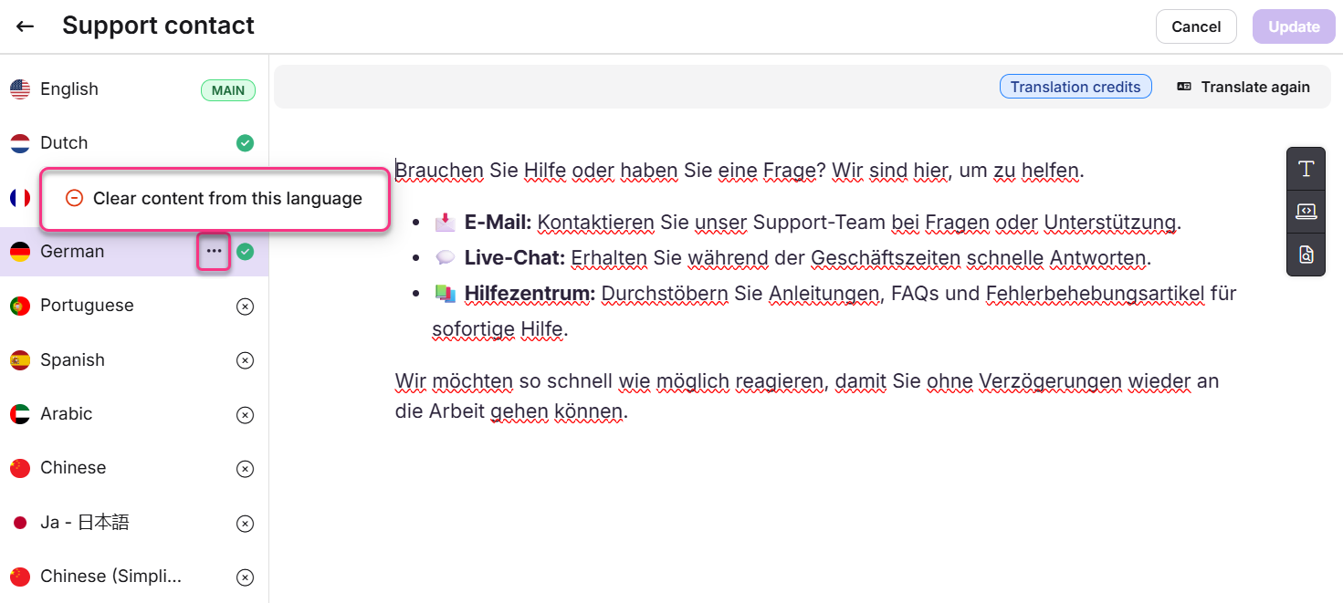 Support contact options including email, live chat, and help center for assistance.