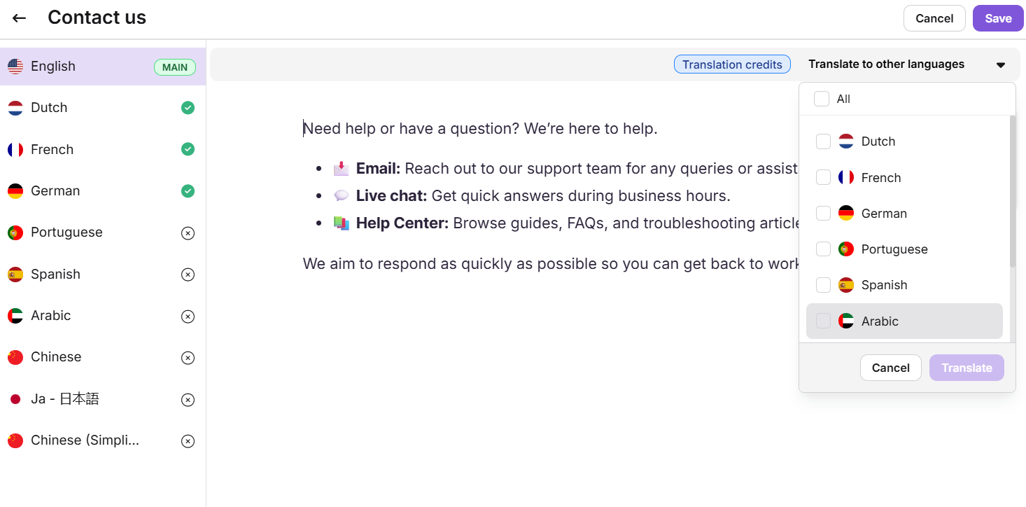 Contact options including email, live chat, and help center for support inquiries.