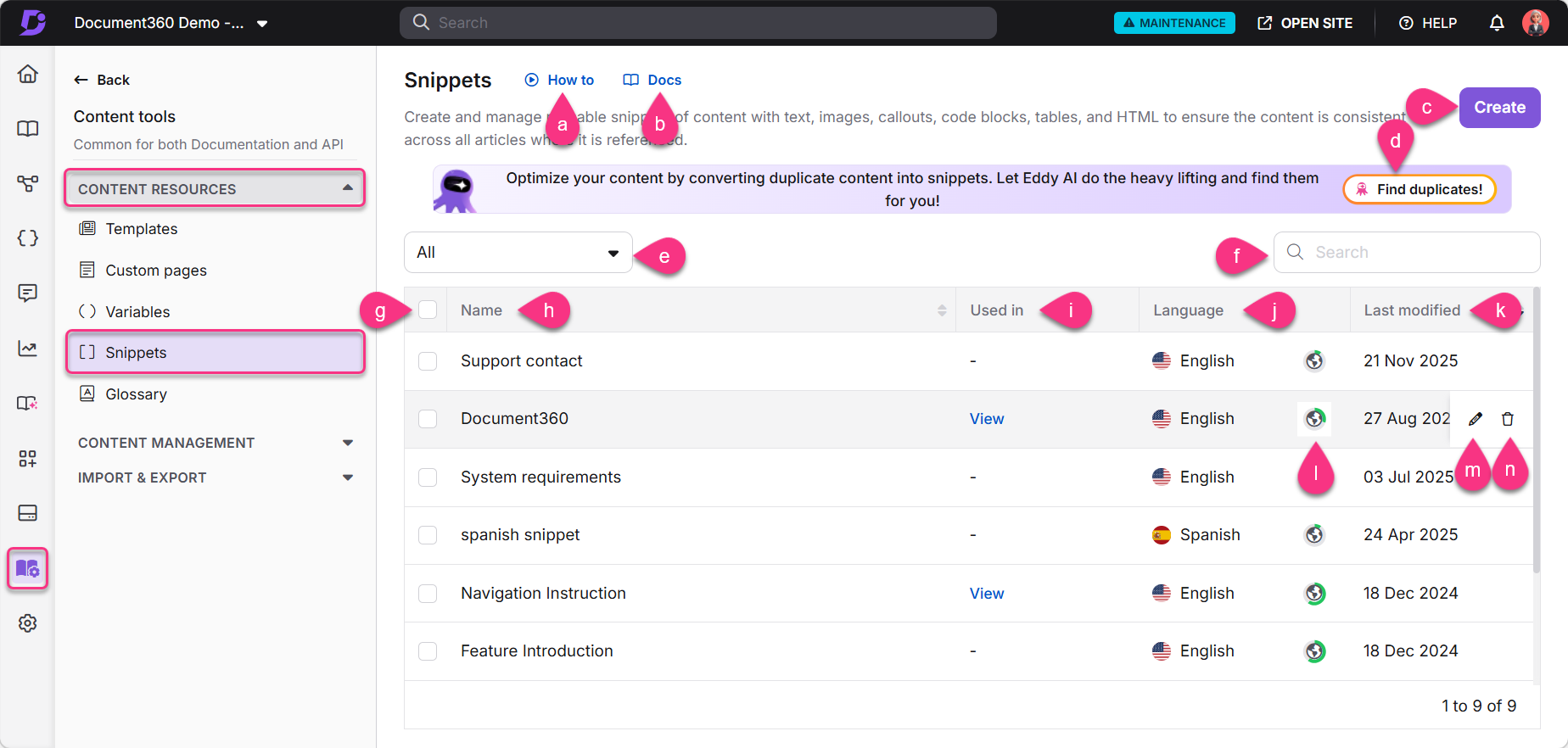 Overview of snippets management interface with highlighted options for creating and finding duplicates.