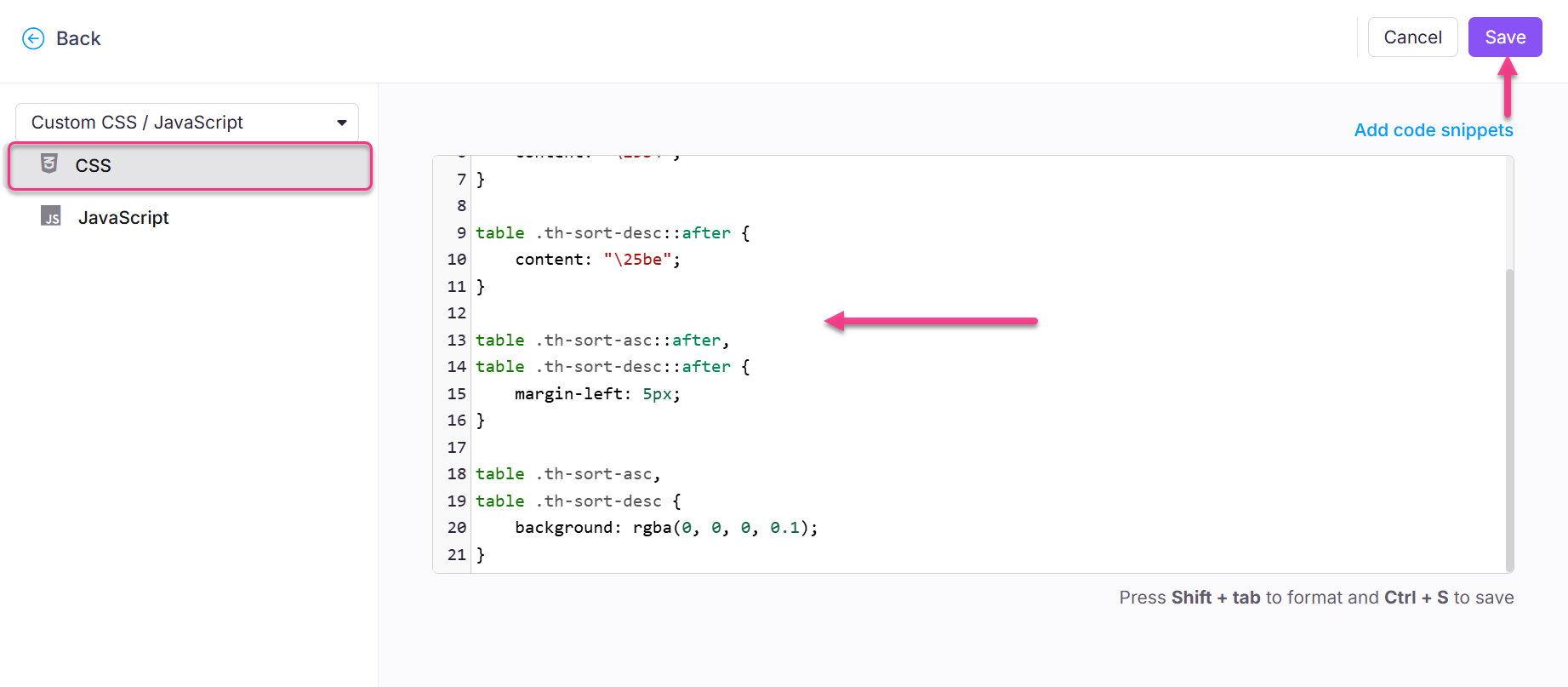 CSS code snippet demonstrating sorting functionality with highlighted elements and save option.