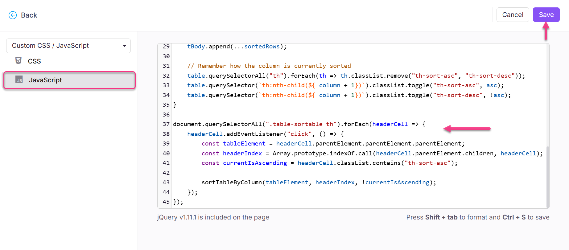 JavaScript code snippet for sorting table columns with event listeners highlighted.
