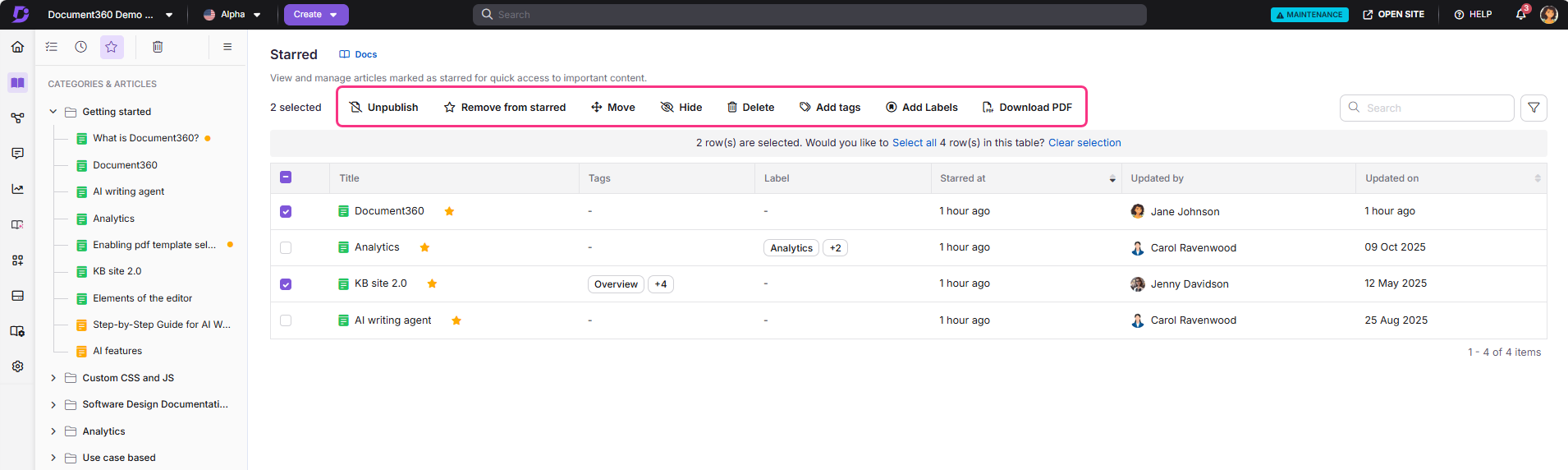 Document360 interface showing starred articles with options to manage selections and download.