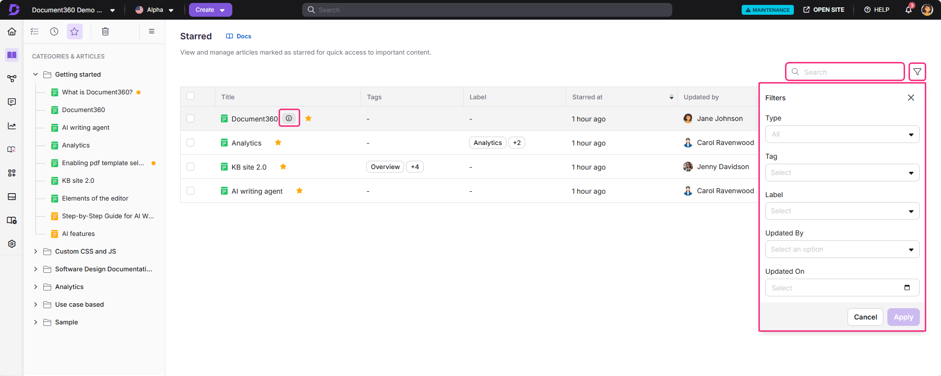 Document360 interface showing starred articles and filter options for managing content.