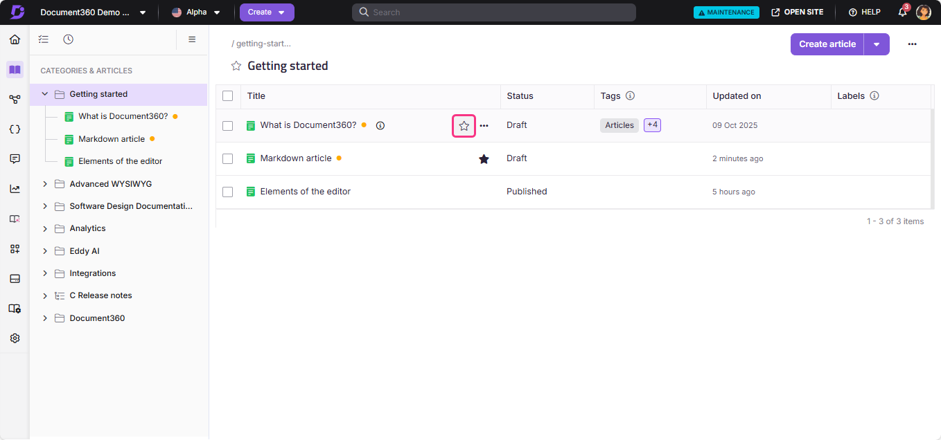 Document360 interface showing articles with draft and published statuses in a list.