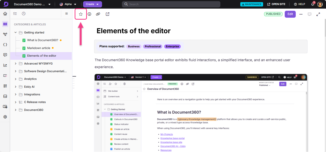 Document360 editor interface showcasing features and highlighted elements for user guidance.