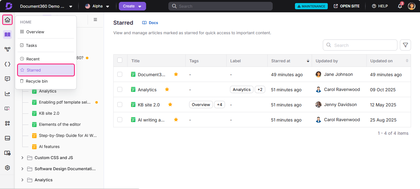 Document360 interface showing starred articles for quick access and management.