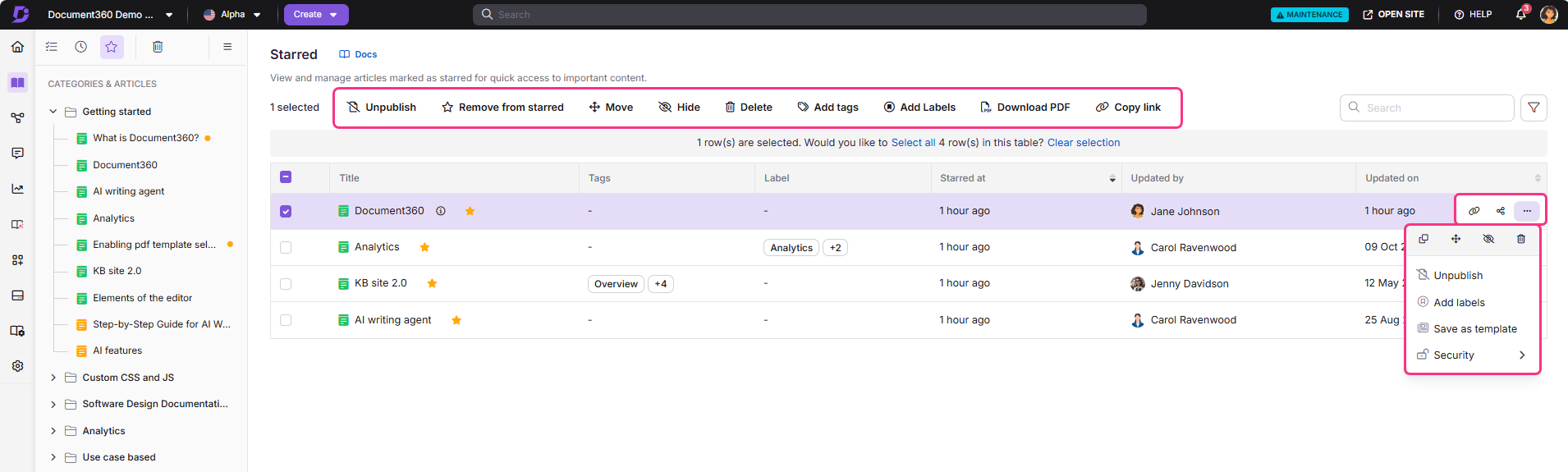 Document360 interface showing starred articles with options to manage content.