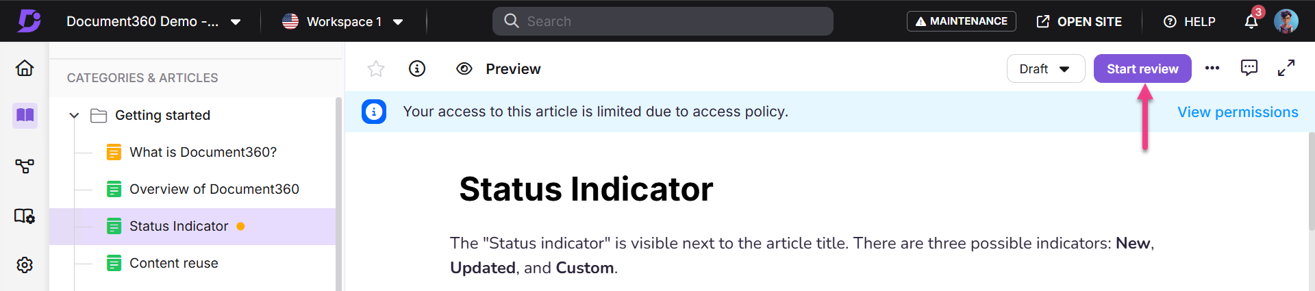 Document360 interface showing article access limitations and status indicators for articles.