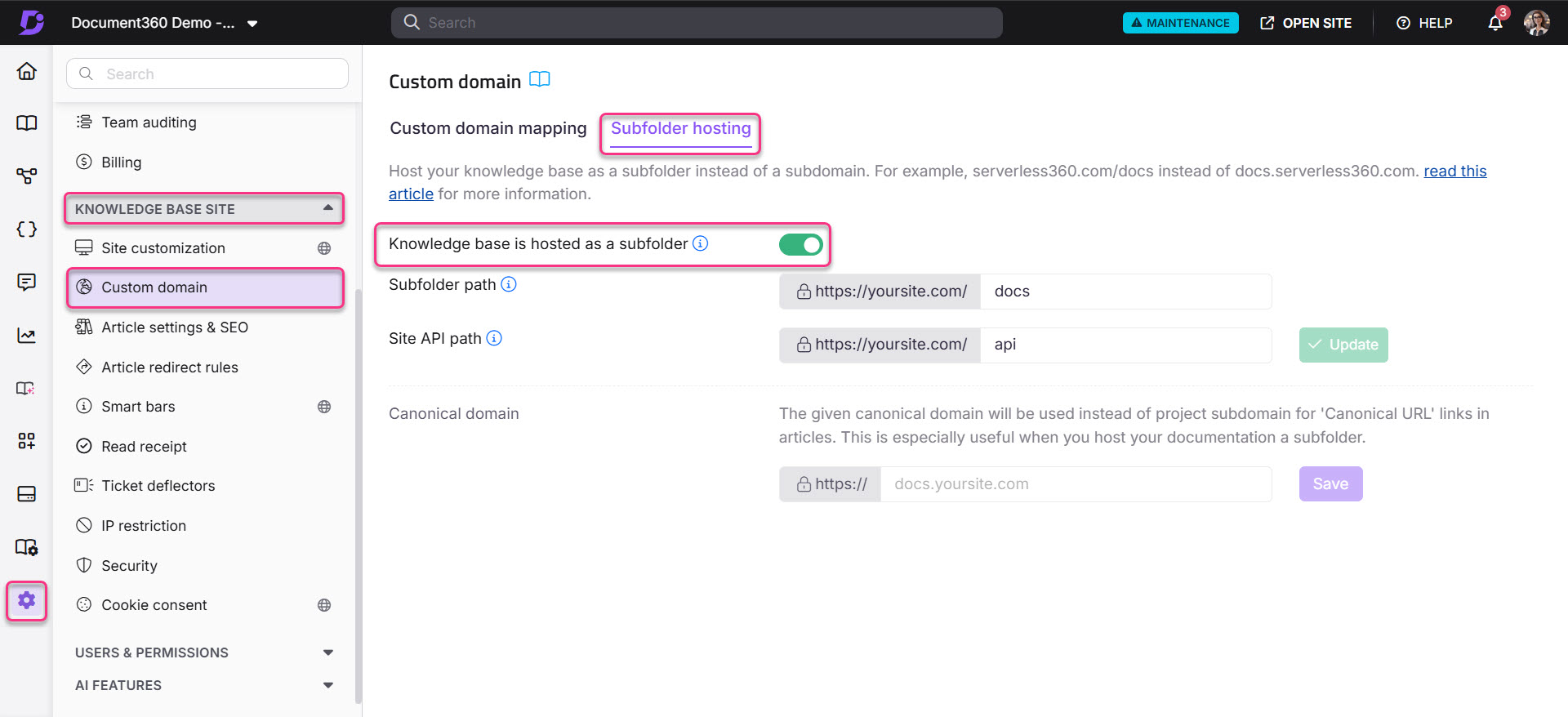Settings for custom domain mapping in a knowledge base site interface.