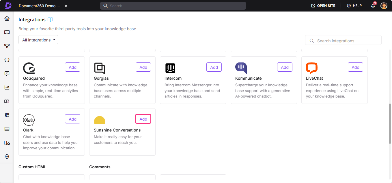 Integration options for enhancing knowledge base functionality with various third-party tools.