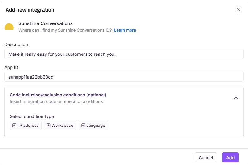 Integration setup for Sunshine Conversations with description and App ID fields visible.